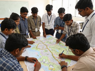 Wide-angle documentary shot of VJTI engineering students gathered around topographic maps in a brightly lit classroom, tracing pipeline routes, natural daylight.