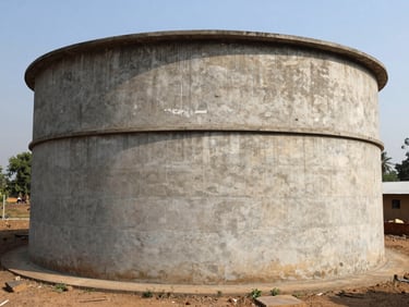 Wide-angle documentary photograph of a concrete gravity-fed water storage tank in Chinchpada village, harsh midday sun, realistic texture, rich earthy tones.