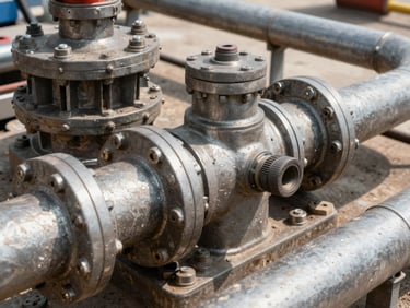 High-contrast technical detail of a mechanical water pump installation, steel pipes and joints, bright natural daylight, realistic texture.