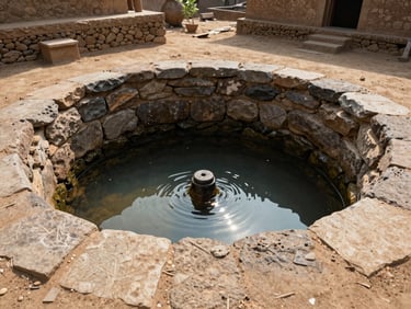 Documentary photography of a stone-lined water source well in a rural Indian village, bright daylight reflecting off the water surface, wide-angle lens.