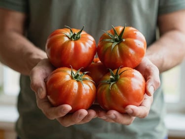 Hands of a local farmer holding freshly harvested organic heirloom tomatoes, soft morning light, matte finish, 35mm