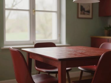 Cozy, scandinavian-style dining room, warm natural window light, rich crimson accents, matte finish, 35mm
