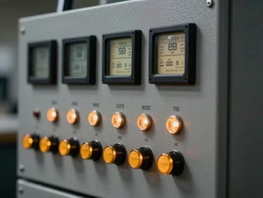 Close-up of a custom industrial control panel with illuminated amber toggle switches and digital telemetry readouts, dark background