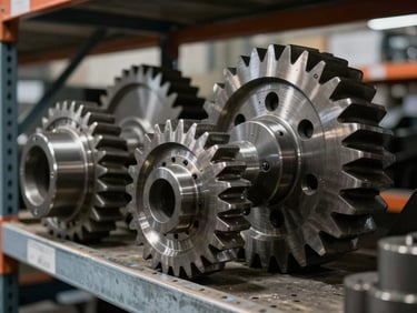 Close-up of machined steel heavy industrial gears organized on heavy-duty metal warehouse shelving, dramatic high-contrast industrial lighting
