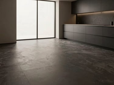 Minimalist luxury kitchen with continuous matte charcoal epoxy resin floor, soft natural light from a large window