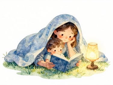 A mother and child curled up under a soft blanket reading a storybook together, warm bedside lamp glow, soft watercolor style in sky blue and meadow green, gentle whimsical illustration, gentle watercolor texture, clean white background, magical children's book style
