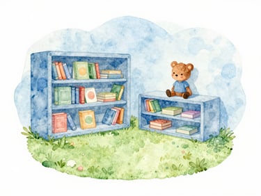 A cozy sunlit children library corner with a green rug, soft watercolor style, sky blue accents, whimsical illustration of Bobo sitting on a shelf, gentle watercolor texture, clean white background, magical children's book style