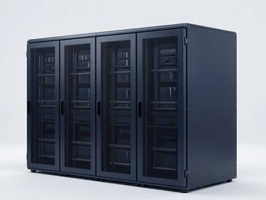 Minimalist clean architectural lines of a modern data center building, cool crisp studio lighting, deep navy tones, sharp focus