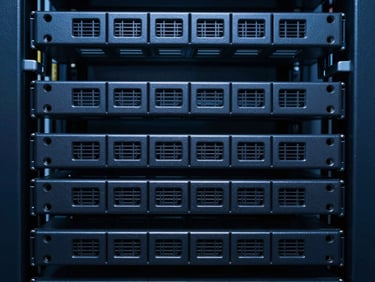 High-contrast close-up of structured server rack wiring, cool crisp blue studio lighting, sharp focus, 35mm