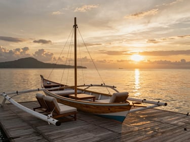 Wide shot of a luxury wooden phinisi boat deck at sunset in Labuan Bajo, comfortable lounge chairs, warm golden light