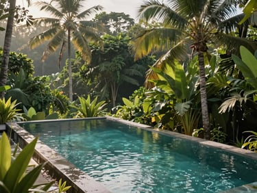 Serene luxury resort pool in Ubud Bali, surrounded by lush green tropical jungle, soft morning light