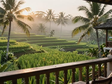 A serene view of a luxury resort balcony overlooking the lush green rice terraces of Ubud, Bali, during a misty morning with soft golden sunlight filtering through coconut trees.
