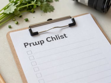 Close-up overhead of a handwritten prep checklist on a clipboard, chopped herbs nearby on a pale cutting board, soft daylight, clean and practical