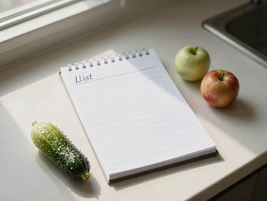 Overhead shot of a grocery list notepad on a pale counter, a few loose produce items beside it, soft morning window light, organized and minimal