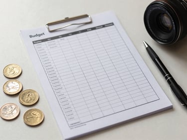 Overhead view of a budget food tracker sheet on a light surface, small coins and a pen alongside it, soft natural light, tidy and functional