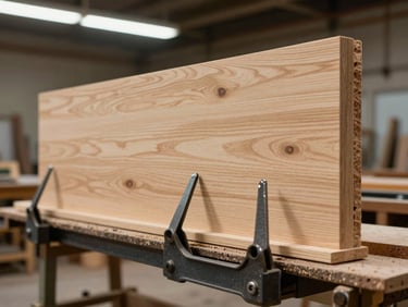 Close-up of a custom timber stand panel being clamped and fastened in a fabrication workshop, wood grain visible, industrial clamps and tools in foreground, overhead workshop lighting