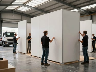 Installation crew deploying stand panels inside a trade fair pavilion, truck visible in loading bay background, natural daylight through venue skylights, wide environmental framing