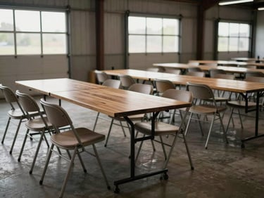 Event furniture — folding tables and stacking chairs — staged in rows inside a warehouse, natural daylight from loading bay doors, no decoration