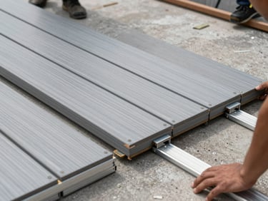 Overhead shot of modular deck flooring panels being aligned and locked together on a concrete surface, aluminum edging visible, installation crew hands visible at frame edges, workshop daylight
