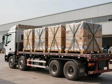 Side view of a loaded flatbed truck with crated stand components secured with straps in a logistics yard, industrial facility in background, natural daylight, no people