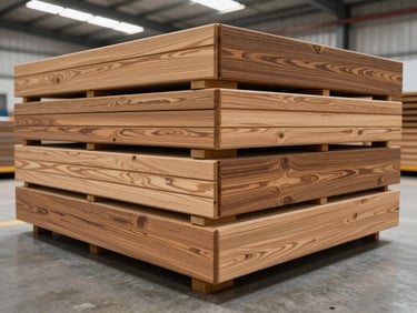 Close-up of stacked modular deck panels in a warehouse, wood-grain finish visible, industrial overhead lighting, clean floor, no people