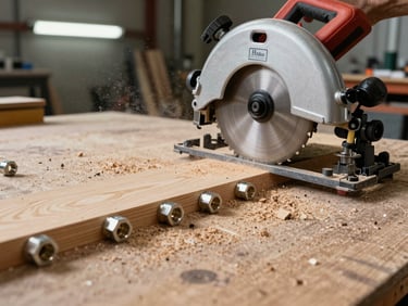 Workshop floor showing aluminum octanorm connector joints and timber panels being cut by a circular saw, sawdust in mid-air, industrial overhead lighting, tight environmental framing