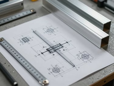 Close-up overhead shot of CAD technical drawings spread on a workshop table, measuring tools and aluminum profiles alongside, industrial workshop lighting, no people