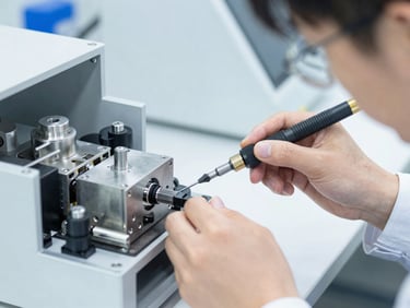 Close-up of a technician in a clean room assembling a complex mechanical device with precision torque tools, bright cool lighting