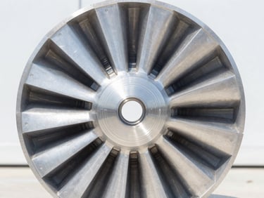 Macro photograph of a finished aerospace-grade aluminum turbine component with visible precision tool paths, bright daylight
