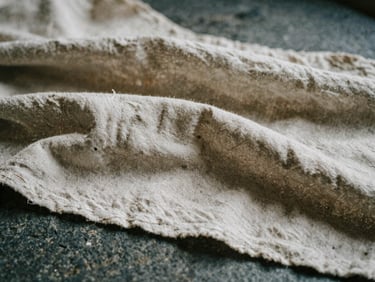 Close-up of raw linen fabric draped over a dark stone surface, soft directional daylight highlighting the intricate weave, muted earth tones, shallow depth of field, 35mm film grain.