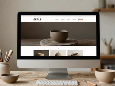A clean screenshot of a minimalist website layout displayed on a physical desktop monitor, surrounded by pottery tools and raw clay, soft north-facing daylight, muted earth tones, 35mm film grain.