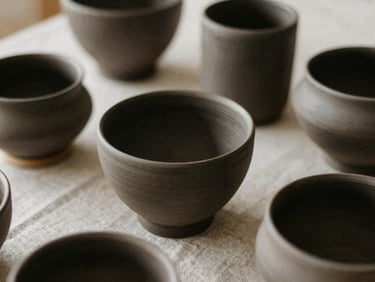 Close-up of hand-thrown ceramic vessels on a coarse linen surface, soft directional daylight, muted earth tones, shallow depth of field, 35mm film grain.