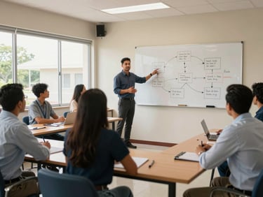 Environmental shot of a corporate training session in a bright meeting room, trainer standing at a whiteboard with process diagrams, a small group of attentive workers seated at tables, natural daylight from wide windows, warm indoor tones, Dominican workplace context