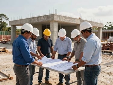 Wide shot of a construction site planning session in the Dominican Republic, a small team of professionals in hard hats reviewing blueprints on a folding table, warm afternoon daylight, concrete structure visible behind them, documentary framing with environmental depth