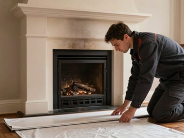 A professional chimney technician in a clean dark uniform carefully laying down protective floor runners in front of a sealed fireplace hearth, warm natural side light, sharp detail.