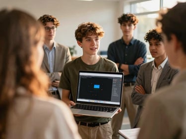 A teenager presenting a digital slide deck to a small, supportive group of peers and local business owners, warm editorial style