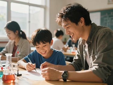 A mentor and mentee laughing while working together on a science project in a bright community space, natural daylight, 35mm