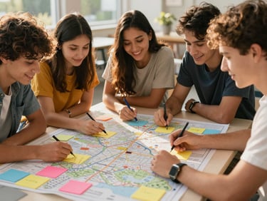 A group of young people collaborating around a large table covered in maps and colorful sticky notes, focused and smiling