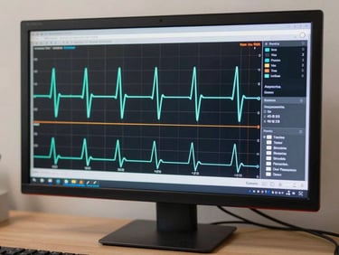 Primer plano de un monitor multiparámetro portátil mostrando curvas de ritmo cardíaco estables sobre fondo neutro.