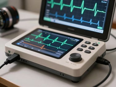 Electrocardiógrafo digital compacto conectado a una tableta que muestra un trazado de ECG limpio.