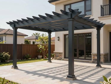 Wide shot of a finished custom steel pergola installed in a residential courtyard, bright natural daylight casting geometric shadow patterns through the steel rafters onto a stone patio below, clean architectural lines, no people