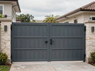 Wide environmental shot of a completed custom steel gate and fence installation at a residential property, gate closed and centered in frame, overcast natural light revealing the full geometric weld pattern, surrounding landscaping providing context for scale