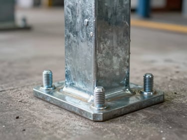 Close-up of a steel column base plate and anchor bolts on a concrete pad, natural overcast daylight, sharp focus on the welded connection and galvanized finish, industrial fabrication shop floor visible in soft background