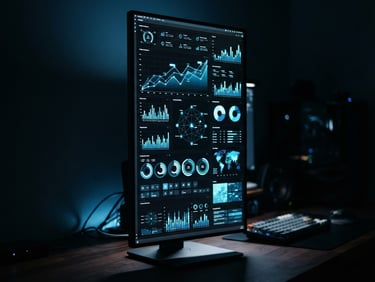 Sleek dark-mode tech photography of a high-fidelity product dashboard on a vertical monitor, cool blue ambient light, high-contrast shadows, sharp focus, cinematic 35mm lens.