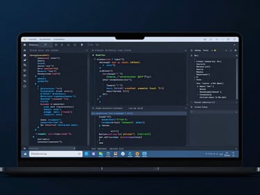 Sleek dark-mode tech photography of a clean code editor with glowing metrics, cool blue ambient light, high-contrast shadows, sharp focus, cinematic 35mm lens.