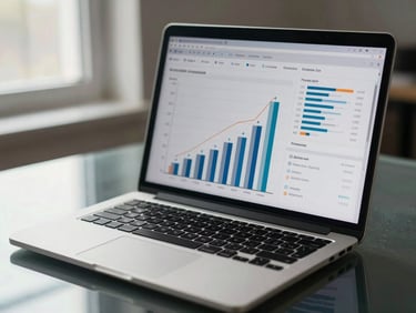 Close-up of a business dashboard on a laptop screen showing growth metrics and bar charts, placed on a dark glass desk, north-facing daylight from the left, high contrast, no person visible