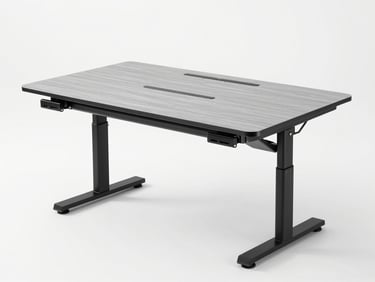 Straight-on product shot of a standing-height adjustable desk, gray laminate surface, matte black steel frame with height adjustment mechanism visible, studio white background, no people