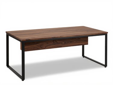Straight-on product shot of a rectangular executive desk, dark walnut wood surface, black powder-coated metal frame, studio white background, bright even lighting, no people