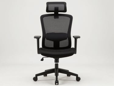 Straight-on studio photograph of a black mesh ergonomic office chair with adjustable armrests and five-star base on wheels, neutral white background, bright studio lighting, no people, full chair visible front-facing