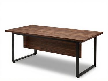 Studio photograph of a rectangular executive desk with dark walnut laminate surface and black powder-coated metal legs, straight-on angle, white background, studio strobe lighting, no people
